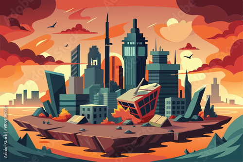 A vibrant, stylized cityscape shows a catastrophic landscape at dusk, featuring toppled buildings and a fiery sky with swirling clouds.