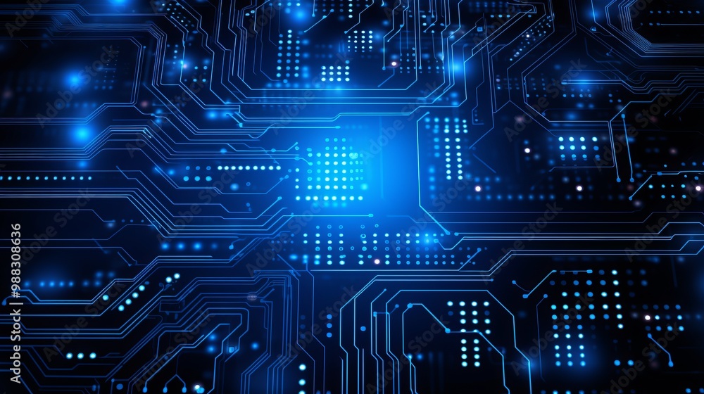Abstract Blue Circuit Board with Glowing Lights Abstract Blue Circuit Board with Glowing Lights