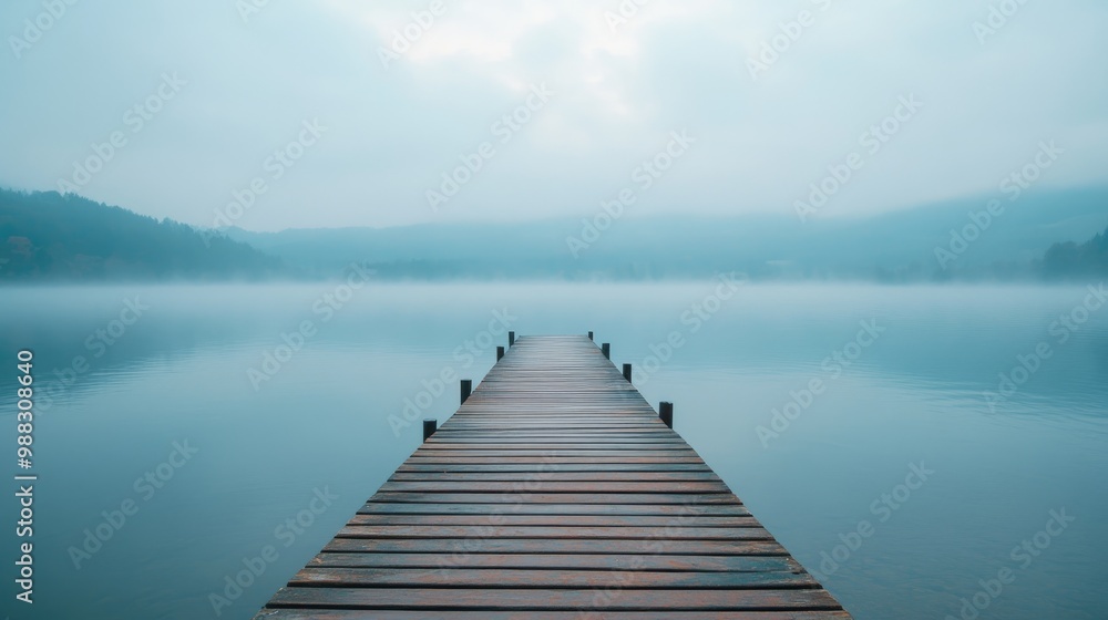 Wooden dock stretching into a serene misty lake beneath a cloudy sky Close up view Wooden dock stretching into a serene misty lake beneath a cloudy sky Close up view