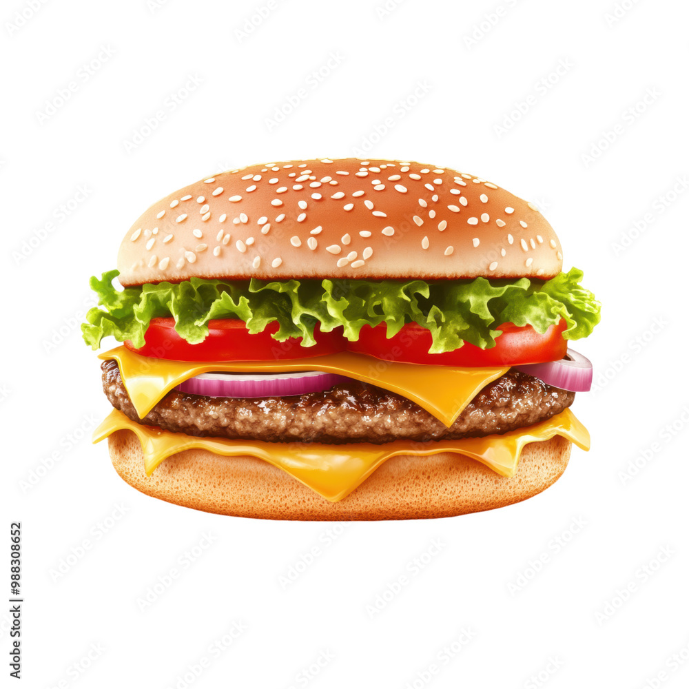 Realistic hamburger with layers of toppings (lettuce, cheese, tomato, onion). png, transparent background. Realistic hamburger with layers of toppings (lettuce, cheese, tomato, onion). png, transparent background.