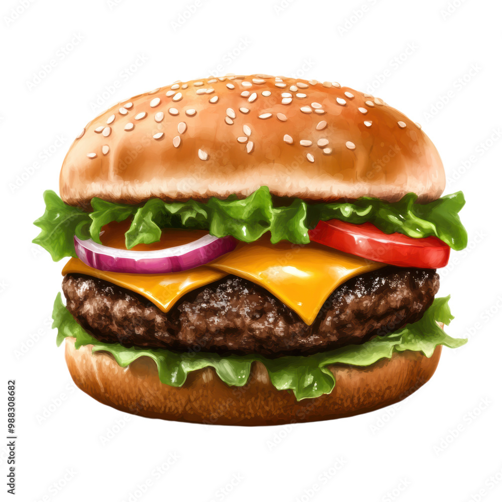 Realistic hamburger with layers of toppings (lettuce, cheese, tomato, onion). png, transparent background. Realistic hamburger with layers of toppings (lettuce, cheese, tomato, onion). png, transparent background.