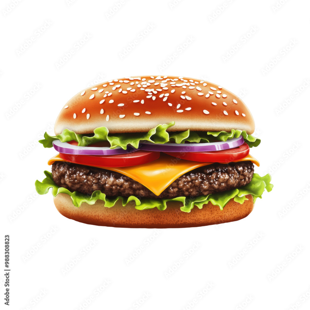 Realistic hamburger with layers of toppings (lettuce, cheese, tomato, onion). png, transparent background. Realistic hamburger with layers of toppings (lettuce, cheese, tomato, onion). png, transparent background.