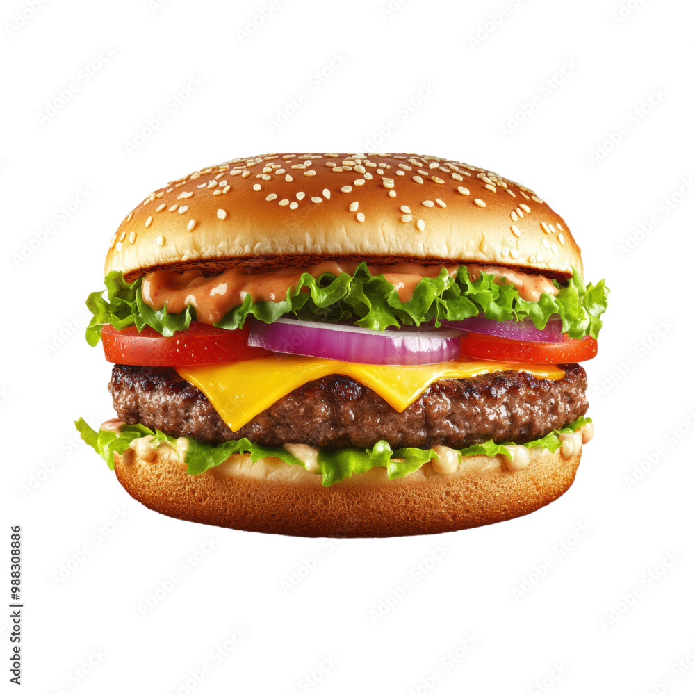 Realistic hamburger with layers of toppings (lettuce, cheese, tomato, onion). png, transparent background. Realistic hamburger with layers of toppings (lettuce, cheese, tomato, onion). png, transparent background.