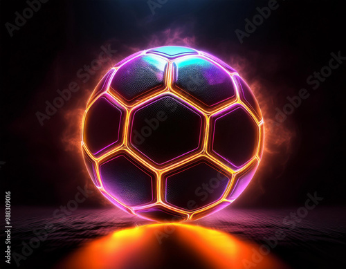 Neon soccer ball on dark black background with copy space. Banner for the site, sports betting.  photo