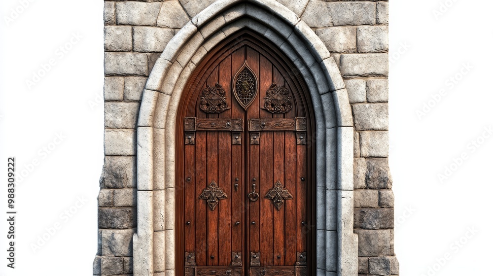 Ornate wooden door in a stone wall commonly seen in historical structures such as cathedrals, churches, palaces, and castles. Isolated with white background and clipping mask for graphic design. Ornate wooden door in a stone wall commonly seen in historical structures such as cathedrals, churches, palaces, and castles. Isolated with white background and clipping mask for graphic design.