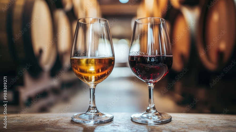 Glasses of red and white port wine with barrels in the background showcasing a wine tasting experience Glasses of red and white port wine with barrels in the background showcasing a wine tasting experience