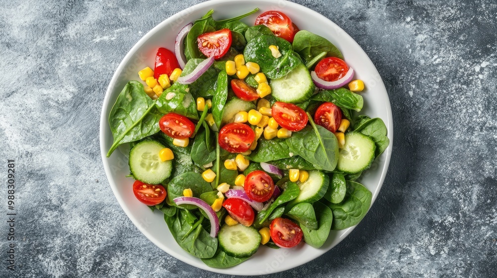Vibrant spring salad featuring spinach cherry tomatoes corn baby spinach cucumber and red onion for a healthy dining experience Top view on gray stone background Vibrant spring salad featuring spinach cherry tomatoes corn baby spinach cucumber and red onion for a healthy dining experience Top view on gray stone background
