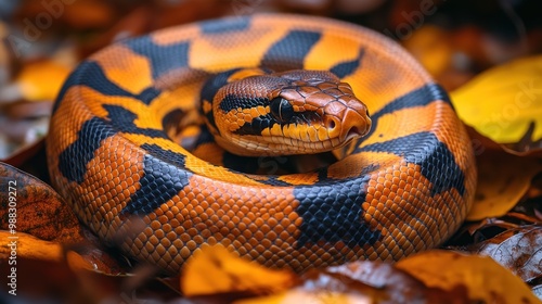 A vibrant snake coiled among autumn leaves.