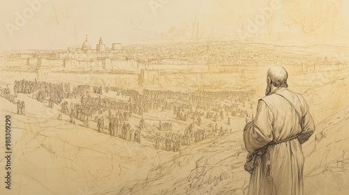 A historical minimalist sketch depicting the prophet Jeremiah standing on a hill his face filled with grief as he surveys the city of Jerusalem below with scattered idols across the rooftops