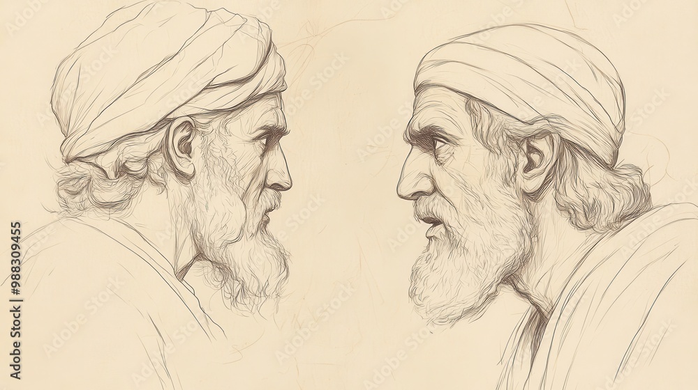 Conflicted King Zedekiah Visits Faithful Prophet Jeremiah in Prison Depicting a Tense Moment of Historical Biblical Significance as Minimalist Wall Art Conflicted King Zedekiah Visits Faithful Prophet Jeremiah in Prison Depicting a Tense Moment of Historical Biblical Significance as Minimalist Wall Art