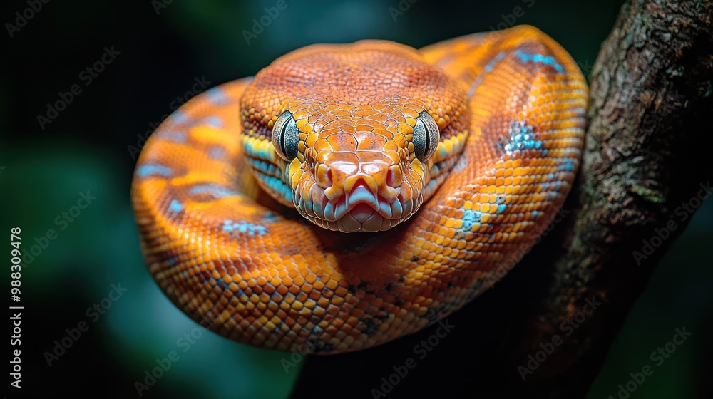 A vibrant orange snake coiled on a branch in a lush environment. A vibrant orange snake coiled on a branch in a lush environment.