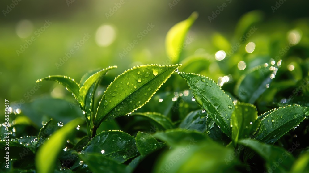 Water droplets cascading onto bright green tea leaves Water droplets cascading onto bright green tea leaves