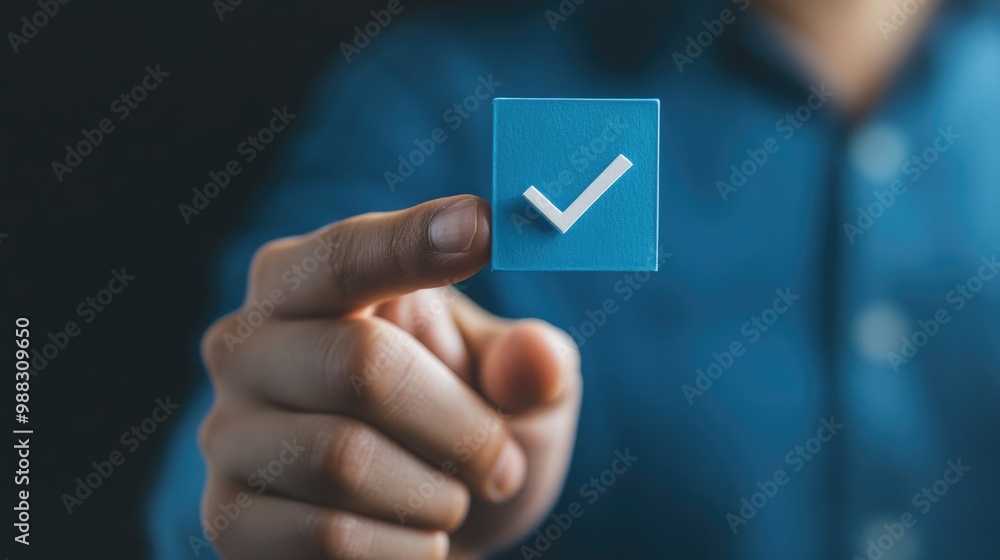 A person is indicating a blue square featuring a check mark A person is indicating a blue square featuring a check mark
