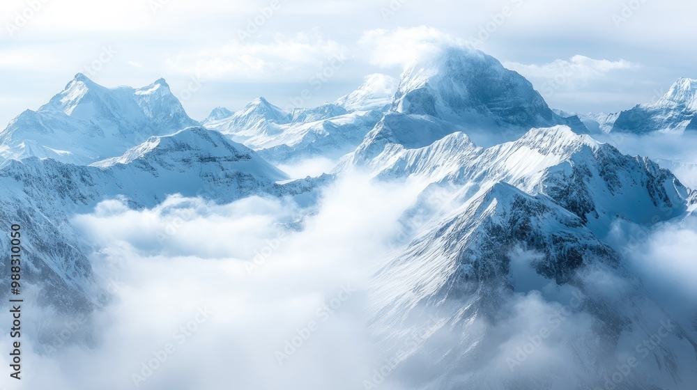 Fog enveloping snow capped mountains in a vertical composition at high altitude Fog enveloping snow capped mountains in a vertical composition at high altitude