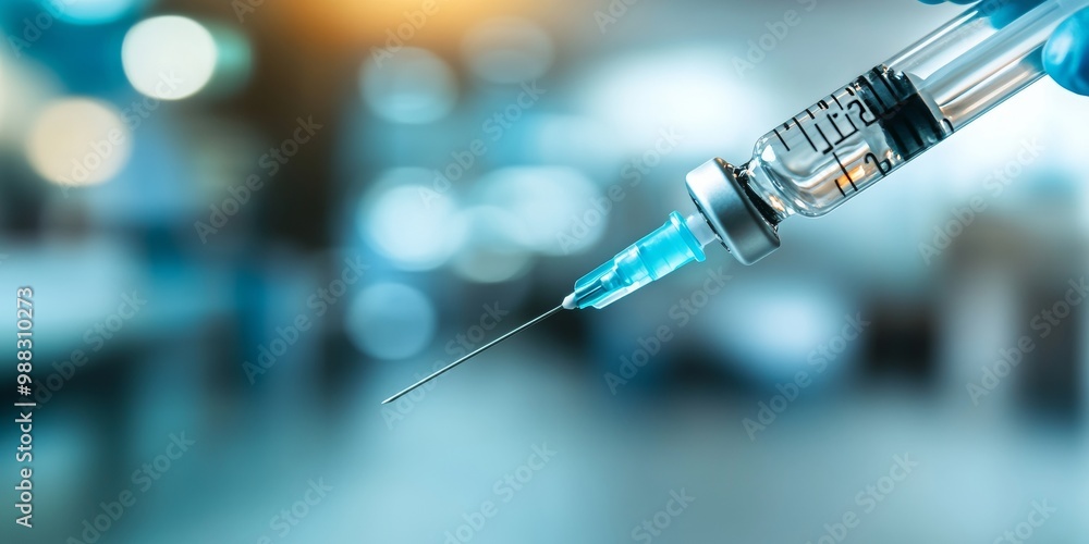 Medical injection administration, detailed view of the syringe in action, clinical environment softly blurred in background Medical injection administration, detailed view of the syringe in action, clinical environment softly blurred in background