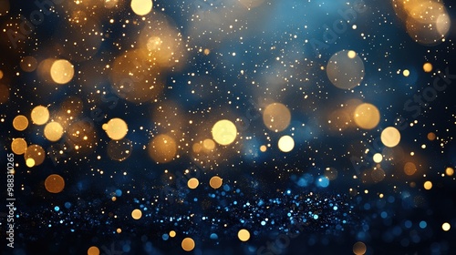 Abstract Glitter Lights Background in Blue, Gold, and Black with Blurred Bokeh Effect for Elegant 2025 Design