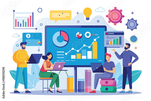 A team collaborates on a development analysis presentation, utilizing graphic data to enhance their project in a contemporary office environment.