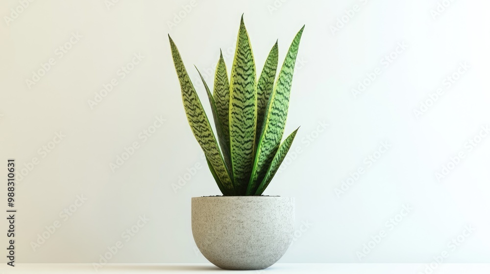 Realistic snake plant in a pot viewed from the front against a white background Realistic snake plant in a pot viewed from the front against a white background