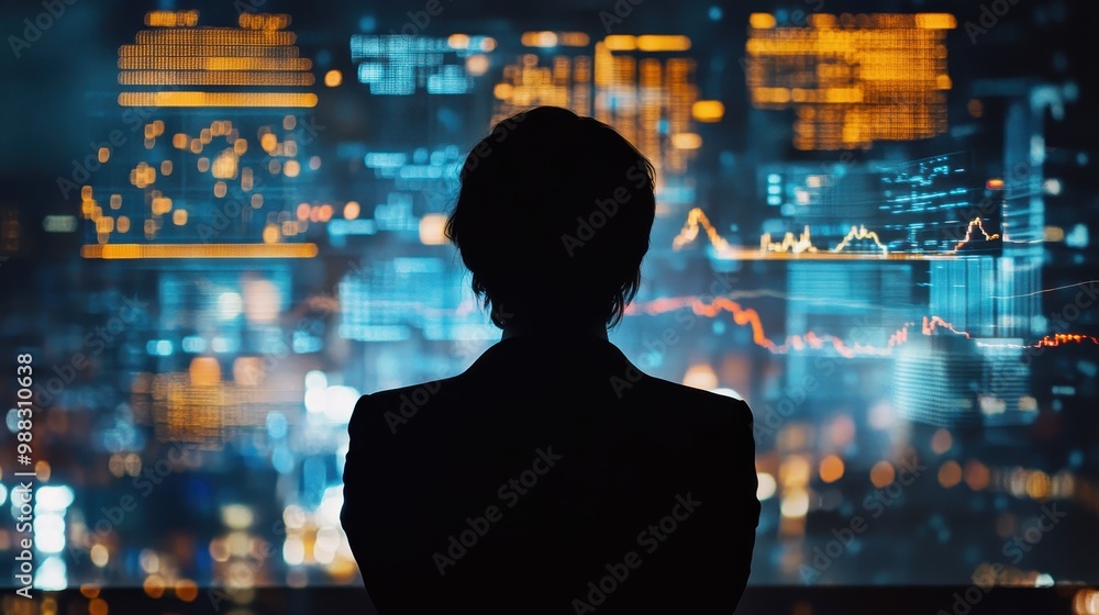 Fototapeta premium Silhouette of a Person Overlooking a Futuristic City Skyline