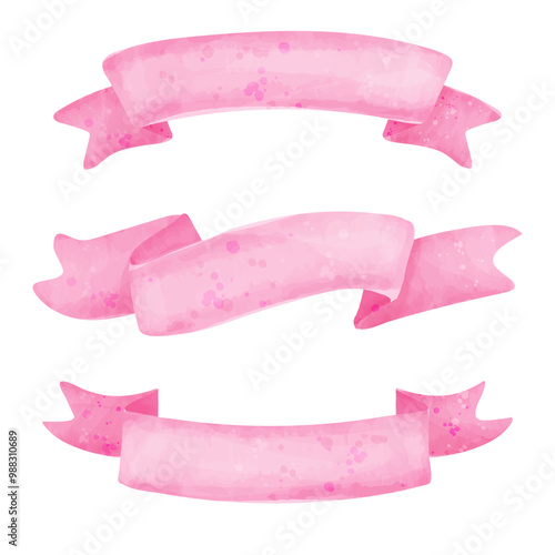 Watercolor vector pink blank banner template with ribbon. Set of vintage banner ribbons.Copy space