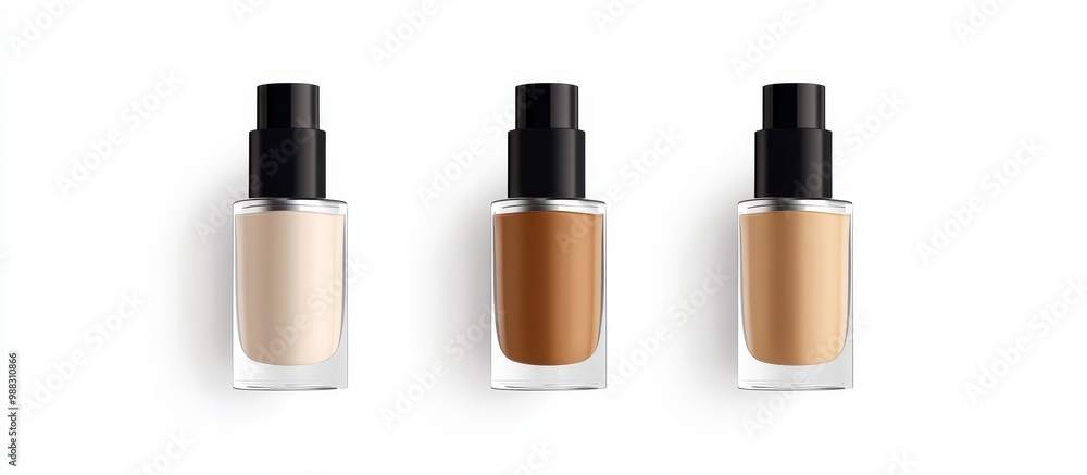 Three Bottles of Liquid Foundation in Different Shades on a White Background Three Bottles of Liquid Foundation in Different Shades on a White Background