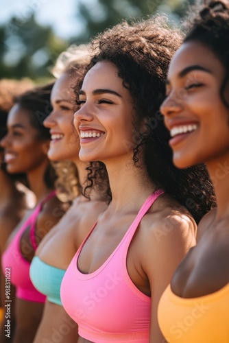 Group of Smiling Women in Colorful Sports Bras Enjoying Outdoor Fitness Activity on a Sunny Day