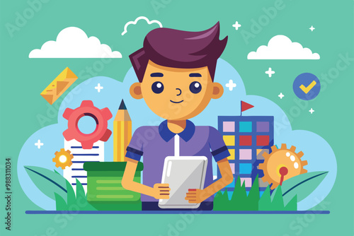 A cartoon character holds a tablet while surrounded by various creative tools and vibrant elements in a cheerful outdoor setting.