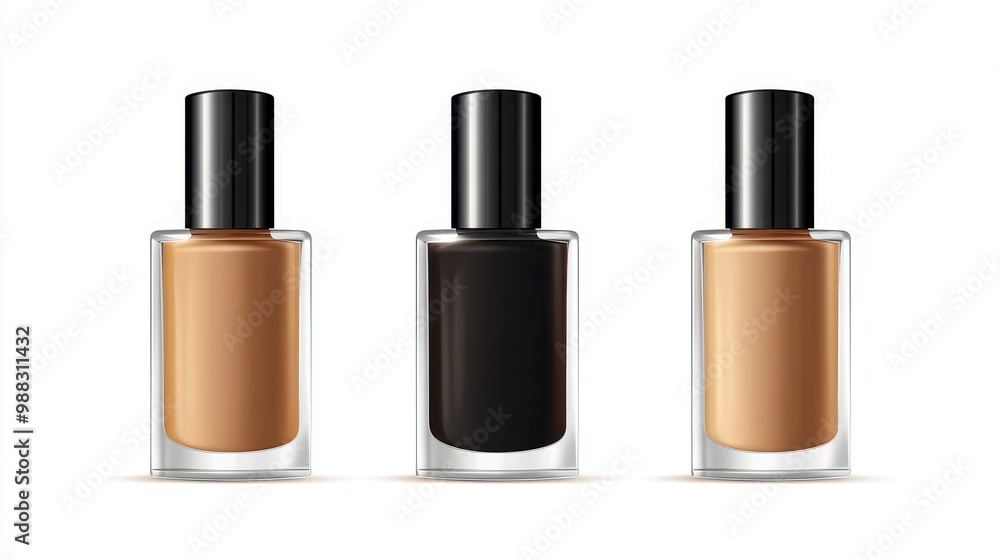 Three Elegant Nail Polish Bottles in Neutral and Black Shades on White Background Three Elegant Nail Polish Bottles in Neutral and Black Shades on White Background