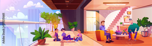 Two men sitting and talking in living room interior, and three teenagers sitting on floor of balcony and play board game. Cartoon vector illustration of friends spend time together at home in city.