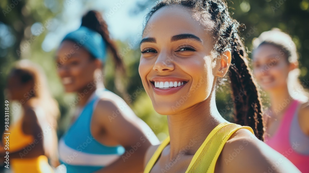 Group of Smiling Women in Sportswear Enjoying Outdoor Fitness Activity on a Sunny Day Group of Smiling Women in Sportswear Enjoying Outdoor Fitness Activity on a Sunny Day