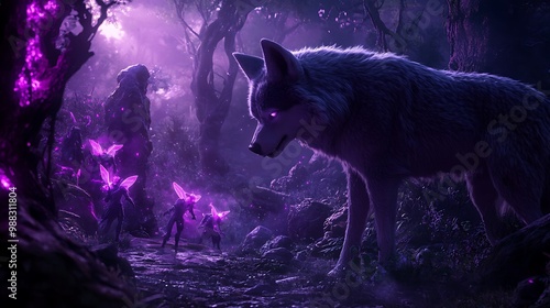 Wallpaper Mural 4D animation of magical wolves guiding fantasy heroes through an enchanted forest, with glowing fairies and animated trolls lurking in the shadows of a magical kingdom  Torontodigital.ca