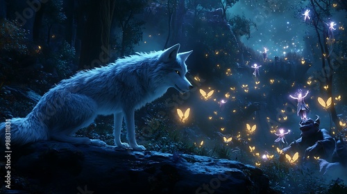 Wallpaper Mural 4D animation of magical wolves guiding fantasy heroes through an enchanted forest, with glowing fairies and animated trolls lurking in the shadows of a magical kingdom  Torontodigital.ca