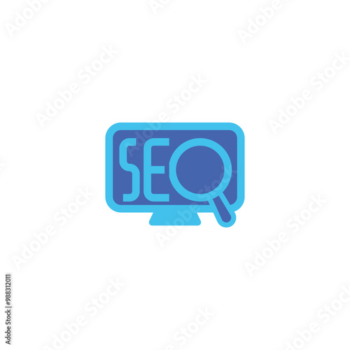 SEO Icon: A clean, modern icon representing search engine optimization, with a computer monitor displaying the acronym "SEO" and a magnifying glass. Capturing digital marketing.