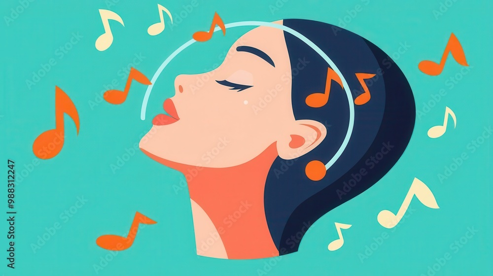 Earworm tune, music notes circling head, flat design illustration Earworm tune, music notes circling head, flat design illustration