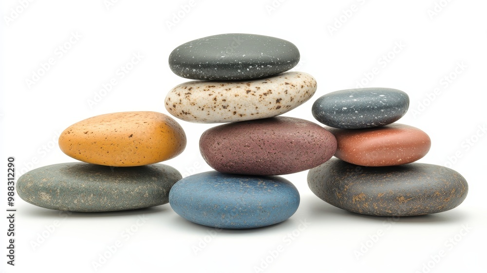 River stones and stacked minerals in various colors isolated on white background. Graphic resource. River stones and stacked minerals in various colors isolated on white background. Graphic resource.