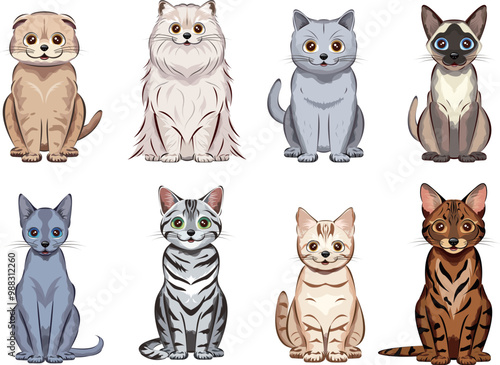 Cat collection 猫｜ブリティッシュショートヘア、ペルシャ猫、シャム猫、スコティッシュフォールド、ベンガル、アメリカンショートヘア、ロシアンブルー、マンチカンなど全8種の猫ちゃんを揃えたイラスト
