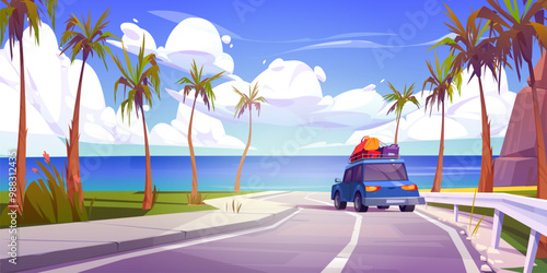 Car with baggage in suitcases on roof driving road to sea or ocean. Cartoon vector illustration of tropical landscape with automobile on highway, rocky cliff mountain and palm trees, water on horizon. photo