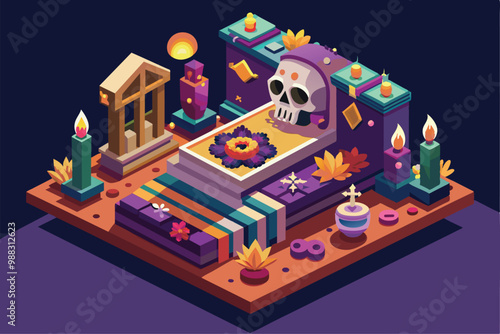 A detailed altar design for Dia de Muertos, showcasing vibrant decorations, candles, and flowers symbolizing remembrance and celebration.