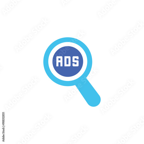 Ads Magnifying Glass: A digital marketing concept that showcases an "Ads" symbol under the focus of magnifying glass, highlighting the concept of advertising