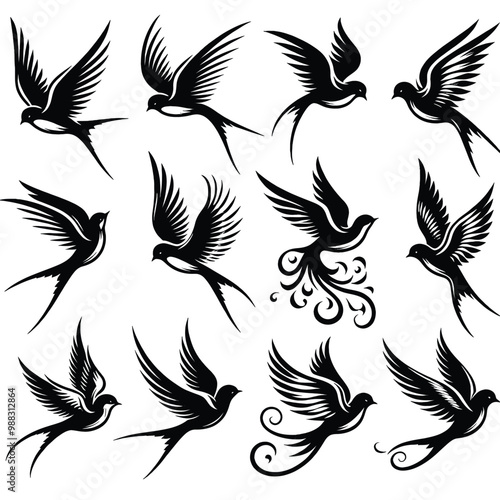Collection of Twelve Elegant Swallow Bird Illustrations Vector Art for Design Projects