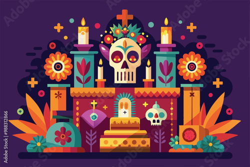 A decorative altar for Dia de Muertos showcasing vibrant colors, candles, flowers, and skulls, honoring loved ones during the festive celebration.