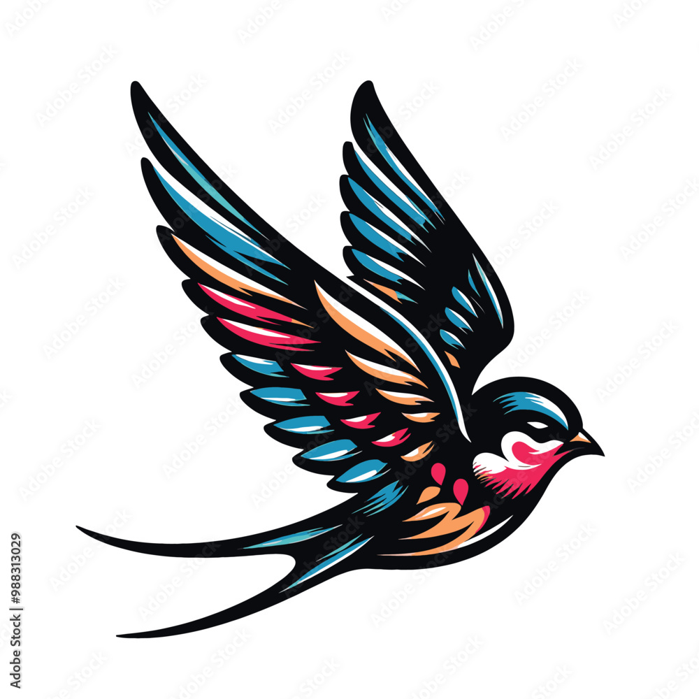 Obraz premium Vibrant Colorful Swallow Bird Illustration Perfect for Tattoo Design or Art Print