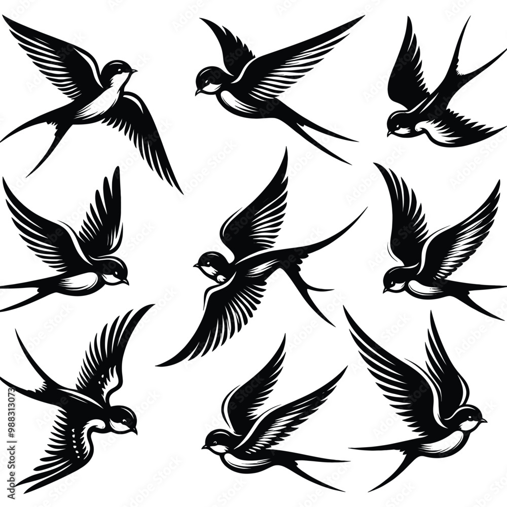 Fototapeta premium Collection of Nine Elegant Swallow Bird Illustrations Perfect for Design Projects