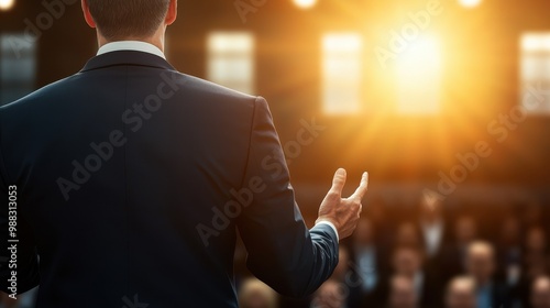 A speaker addressing an audience, illuminated by sunlight, conveying inspiration and leadership in a formal setting.