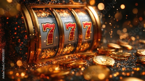 Winning moment: bold 777 jackpot banner surrounded by prizes and coins, capturing excitement of a major win with a festive backdrop, emphasizing luck, reward, rush of hitting the jackpot.