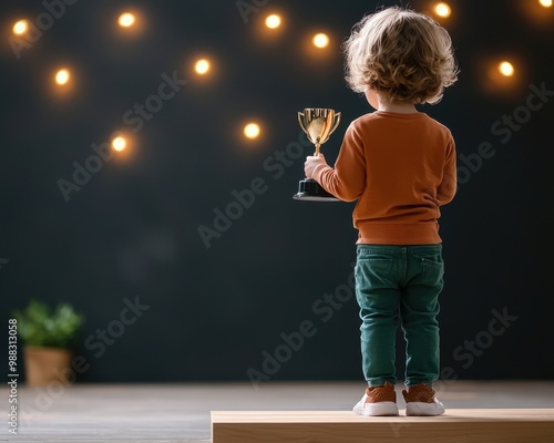 A young child stands on a platform holding a trophy, celebrating achievement under decorative lights in a cozy environment. photo