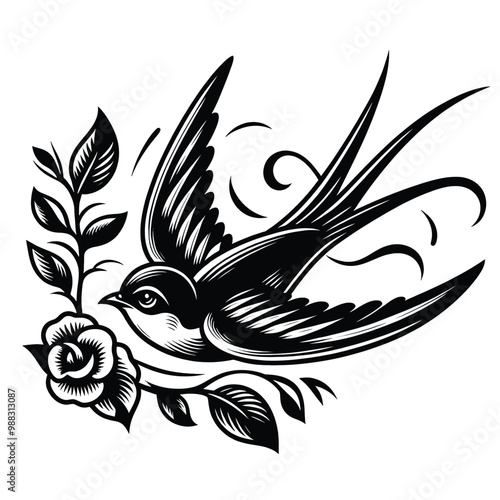 Traditional Swallow Tattoo Design with Rose Black and White Ink Illustration