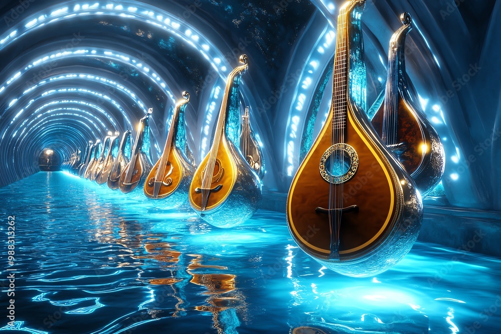 Fantasy music hall, displaying legendary instruments from mythical ...