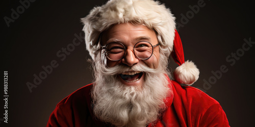 Santa claus smiles in a festive red suit, radiating joy and warmth for christmas on a black background.