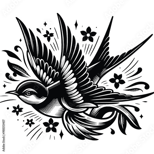 Elegant Black and White Swallow Bird Tattoo Design Illustration